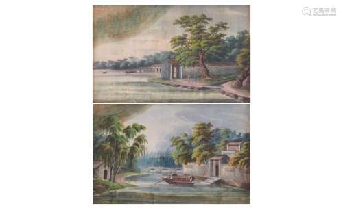 TWO FRAMED CHINESE PITH PAINTINGS, LANDSCAPE