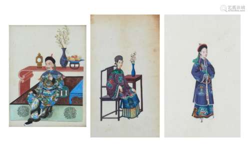 THREE CHINESE PITH PAINTING, FIGURES