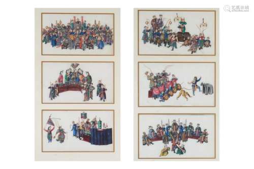 SIX CHINESE EXPORT PITH PAINTINGS IN TWO FRAMES