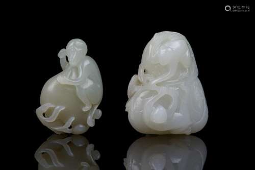 TWO CHINESE JADE CARVED MONKEY AND PEACH
