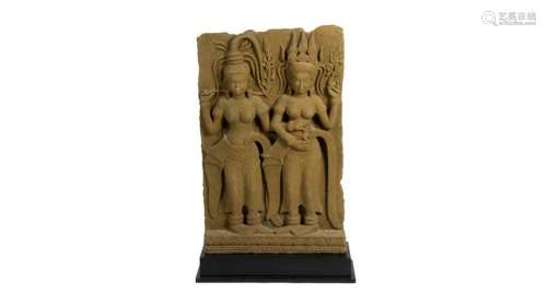 KHMER SANDSTONE CARVED DANCING APSARAS