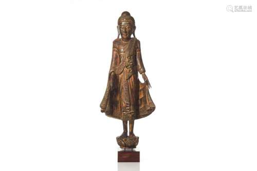 BURMESE MANDALAY INLAID STANDING WOOD BUDDHA