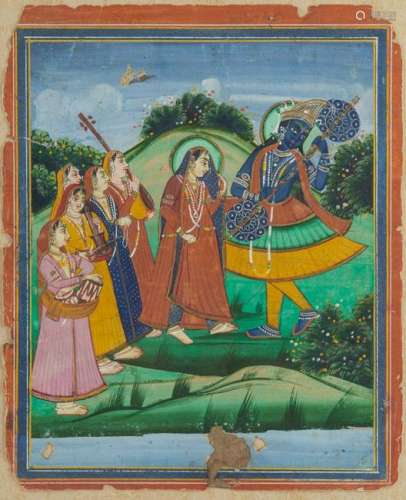 19TH C. INDIAN MINIATURE OF KRISHNA WITH GOPIS