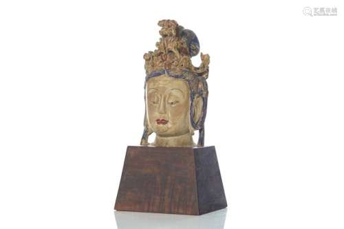 CHINESE POLYCHROME WOOD HEAD OF GUANYIN ON STAND