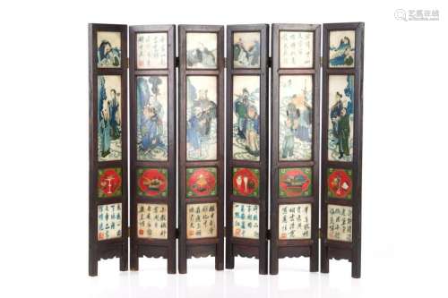 CHINESE SIX PANEL PAINTED MARBLE SCREEN