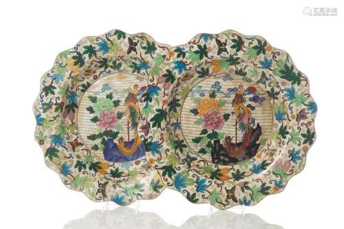 PAIR OF LARGE CLOISONNE ENAMELLED DISHES