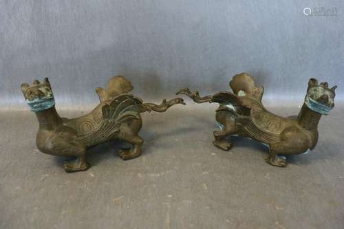 Pair of Chinese Hand Carved Bronze Dragons