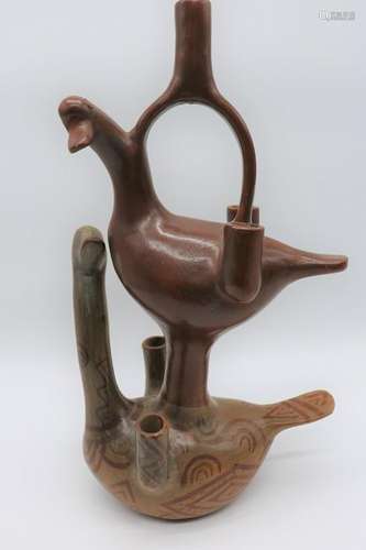 Moche Pottery Stirrup Vessel of Two Birds