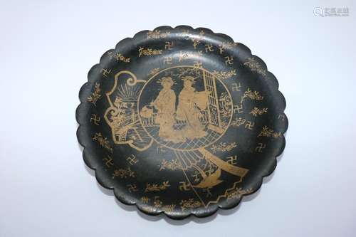 Asian Paper Mache Dish with Gold Design