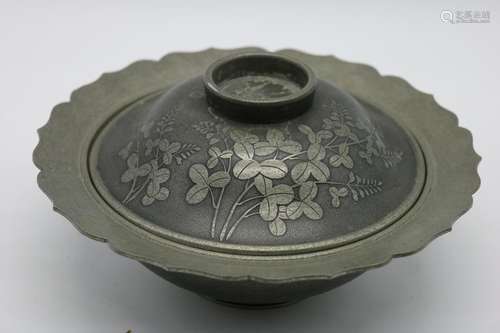 Asian Pewter Covered Bowl, Signed