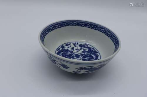 Vintage Asian Blue & White Dragon Bowl, signed