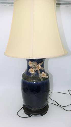 Large Asian Cobalt Blue Pottery Lamp