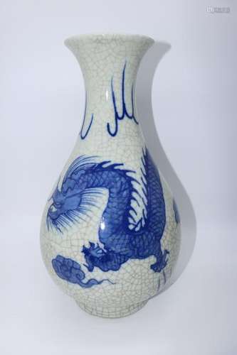 Large Chinese Blue & White Dragon Vase, Signed