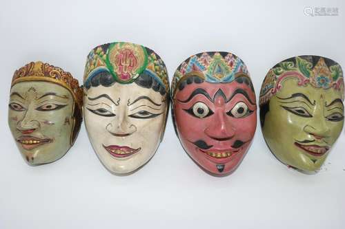 Set Of 4 Vintage Wood Asian Masks