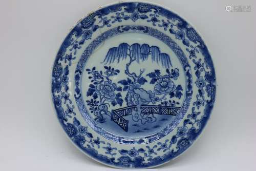 Antique Asian Blue & White Plate, Old Staple Repair