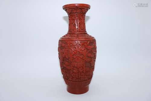 Asian Red Cinnabar Carved Vase with Dragon