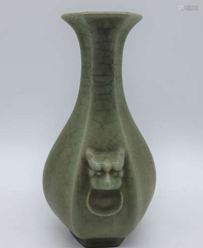 Asian Celadon Green Foo Dog Vase, Signed