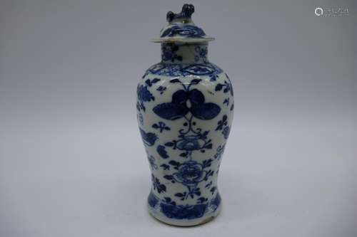 Antique Asian Blue & White Porcelain Covered Vase