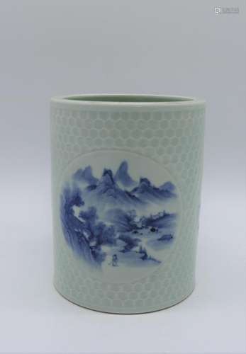 Asian Blue & White Porcelain Brush Pot