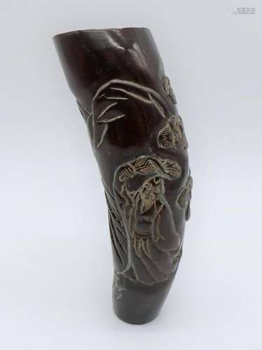 Asian Wood Carved Horn Shaped Vase