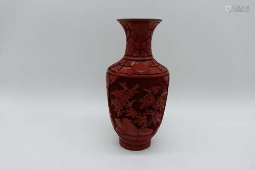 Asian Hand Carved Cinnabar Style Vase