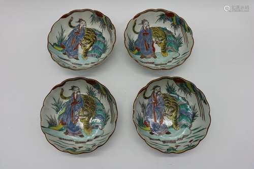 Lot of 4 Asian Bowls, Man & Tiger