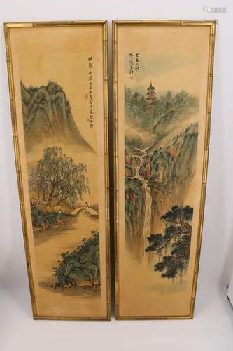 Pair Vintage Asian Watercolor Panels, Signed