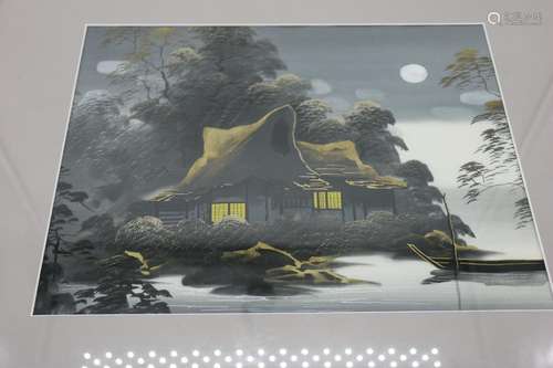 Asian Painting on Silk, Night Scene with House