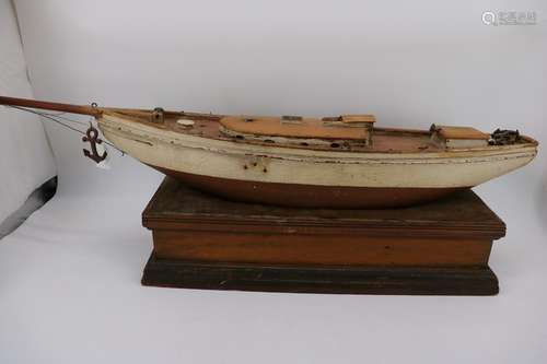 Antique Wooden Folk Art Model Ship & Base