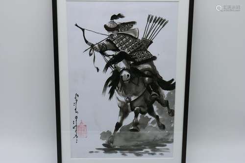 Asian Watercolor Warrior on Horse, Signed