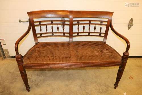 Early Antique Settee, Caned Seat & Silk Cushion