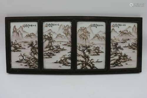 Asian Painted Porcelain 4 Tile Plaque