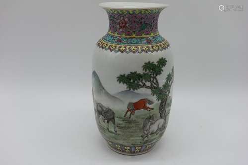 Asian Porcelain Famille Rose Horse Vase