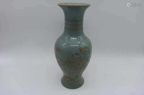 Asian Hand Painted Gold Gilt Green Porcelain Vase