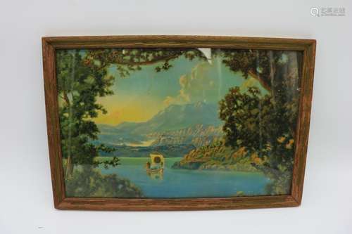 1920's Water Scene Lithograph With Boat