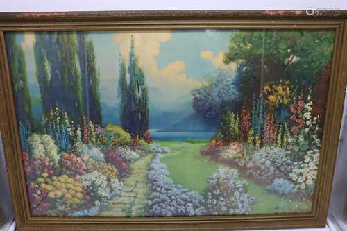 1920's Garden & Water Scene Lithograph