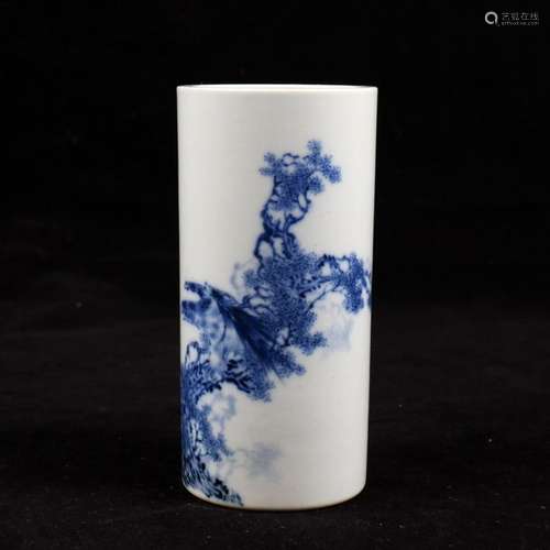 Chinese Blue and White Brush Pot Height 13.5, diam…