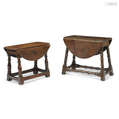 Two William & Mary carved oak joint stools with drop