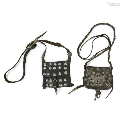 Two leather bags with silver studs and milagros, South