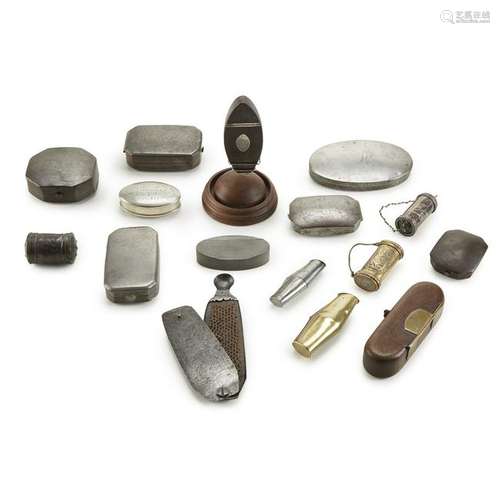 Collection of sixteen pewter, steel, brass, and iron