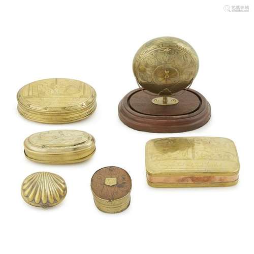 Collection of six brass tobacco or snuff boxes,