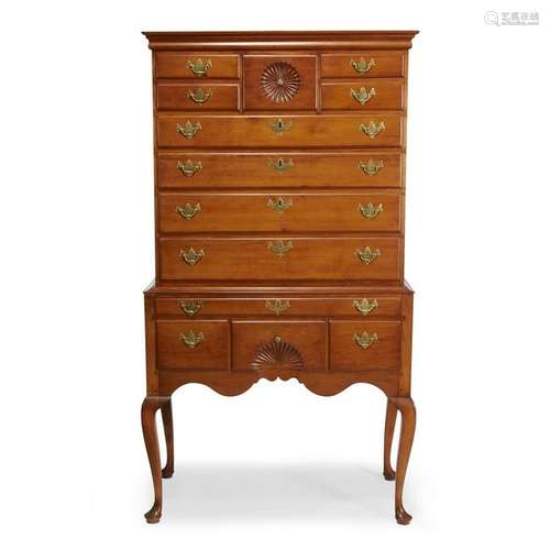 Queen Anne cherrywood carved high chest, Connecticut,