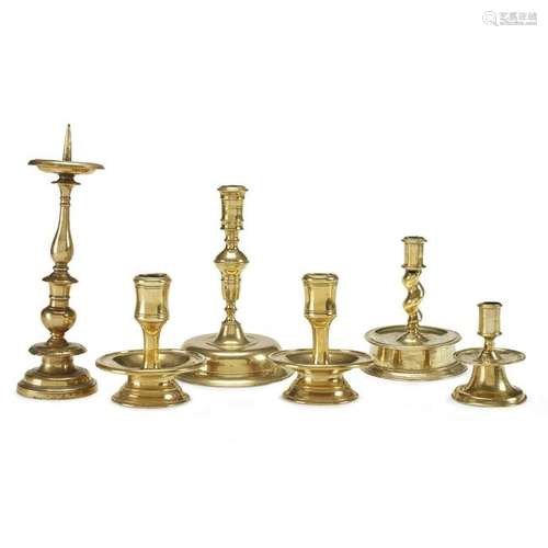 Group of six brass candlesticks, German or Flemish,