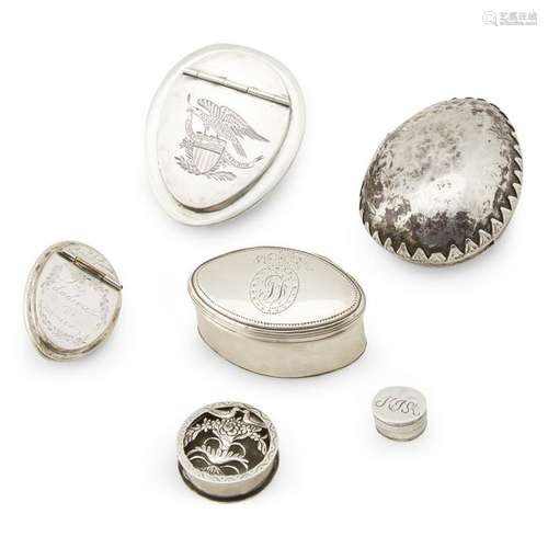 Group of six silver and cowrie shell-mounted snuff and