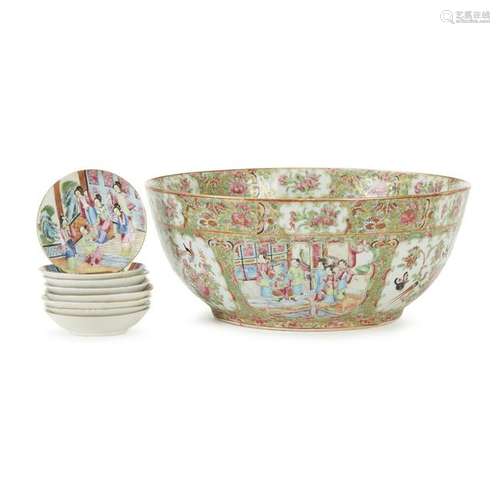 Rose Medallion porcelain punch bowl and eight saucers,