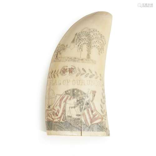 Scrimshaw-decorated and polychromed whale tooth, 19th