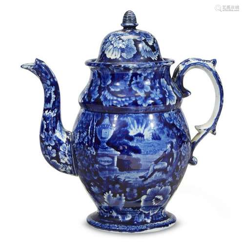 Historical Blue Staffordshire coffeepot with Lafayette