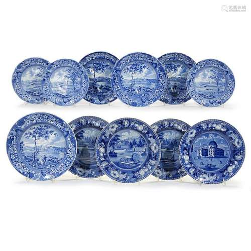 Eleven Historical Blue Staffordshire plates with