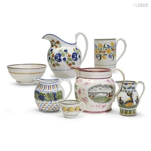 Group of seven pieces of enamel-decorated Staffordshire