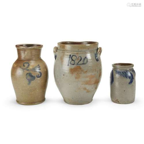 Three cobalt-decorated stoneware items, 19th century